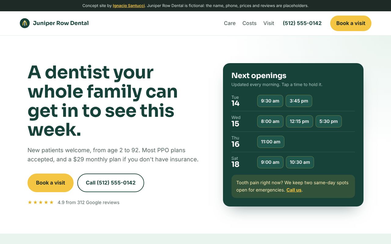 Juniper Row Dental home page: a headline, a book button and a card with next available times