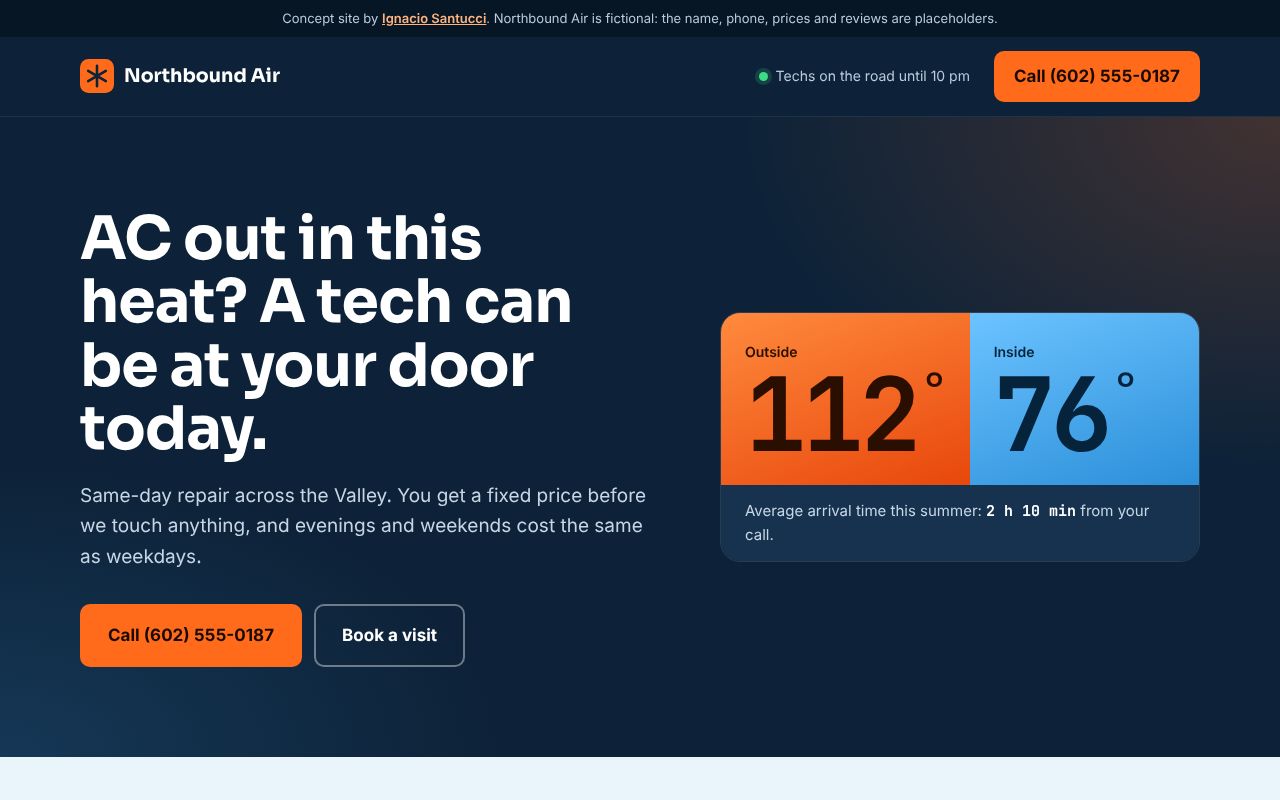 Northbound Air home page: a headline about same-day AC repair and a panel with 112 degrees outside and 76 inside